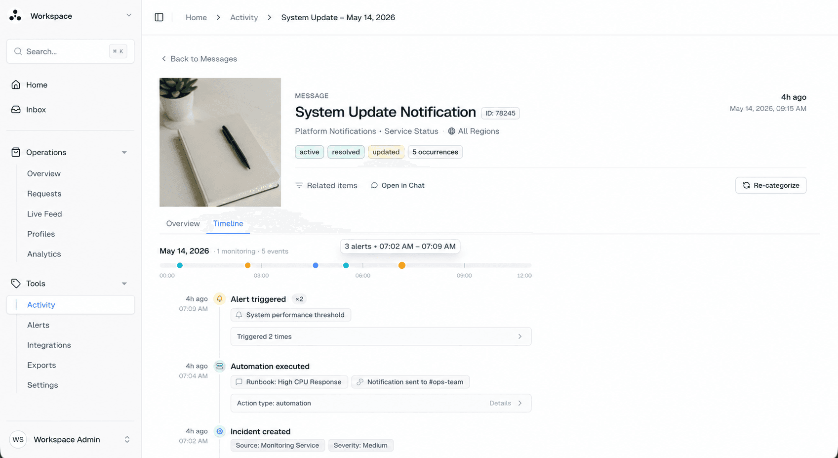 Interface van een berichtenplatform met activiteitentijdlijn, alerts en systeemupdates.